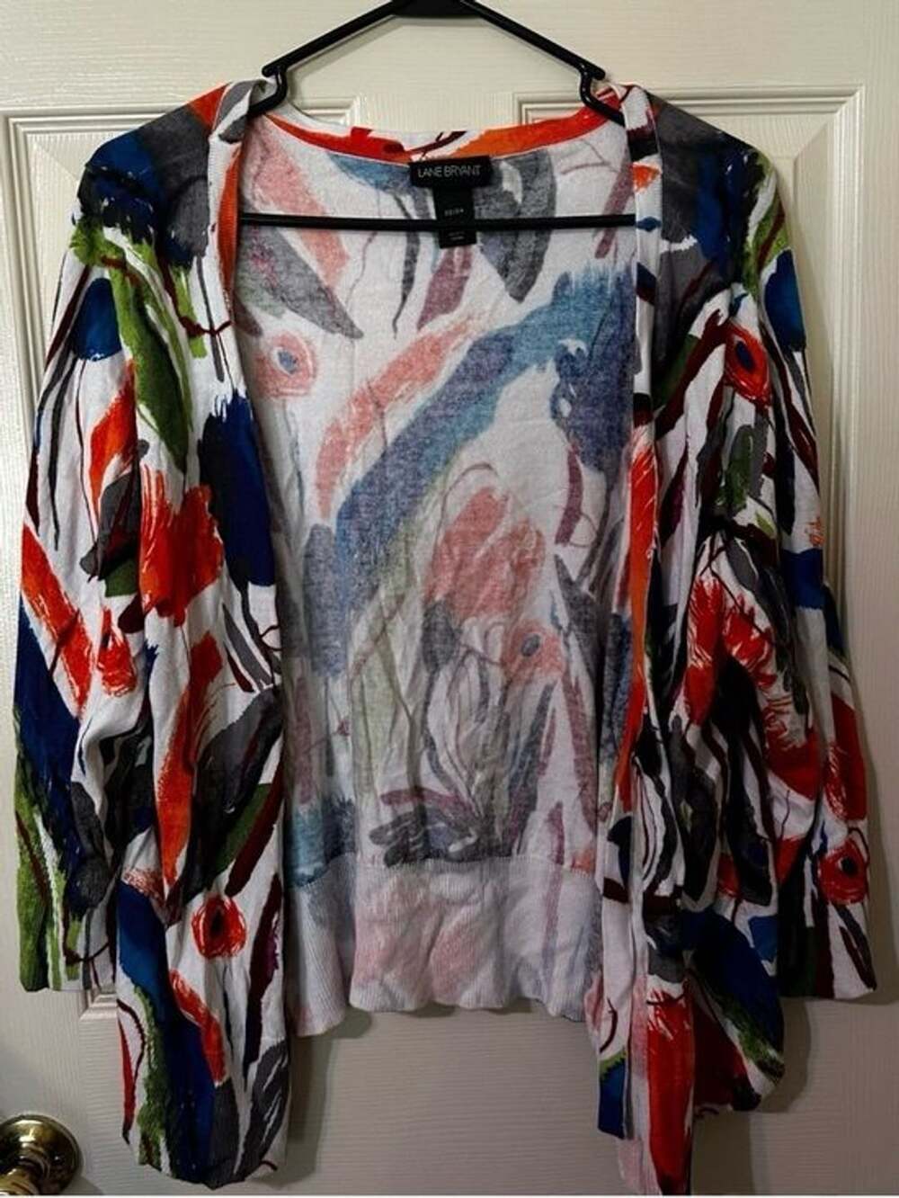 Lane Bryant White Open Cardigan with Red, Blue & Green Abstract Print